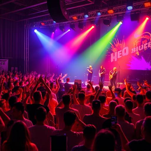 Dynamische evenementenfoto van een muziekfestival met een enthousiast publiek en een energieke band op het podium.