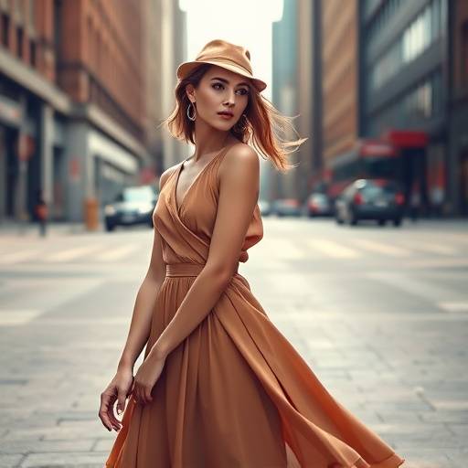 Elegante modefoto van een model in een chique jurk, poserend tegen een stedelijke achtergrond.