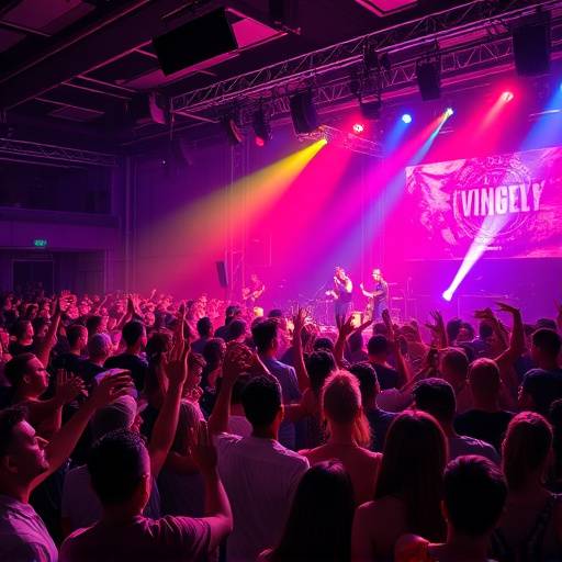 Levendige foto van een concert met een enthousiast publiek en een band op het podium.
