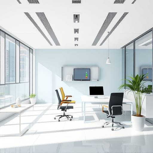 Professionele foto van een modern kantoorinterieur met heldere lijnen en natuurlijk licht.