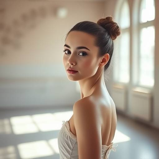 Sfeervolle portret van een danseres in een balletstudio, vastgelegd in natuurlijk licht.