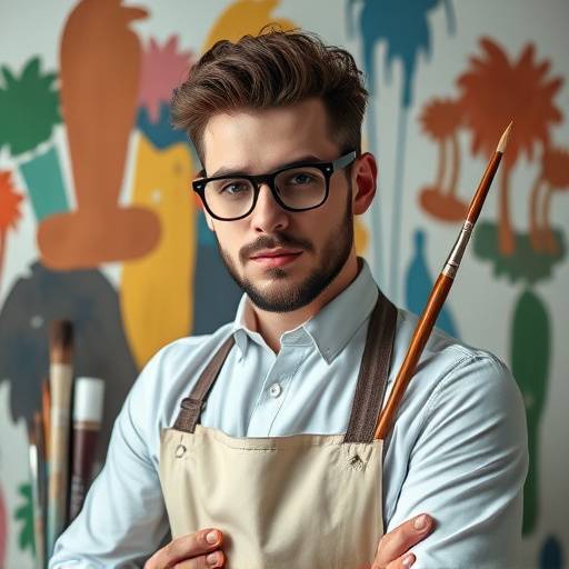 Stijlvol profielportret van een kunstenaar met een verfkwast in de hand, omringd door zijn kunstwerken.